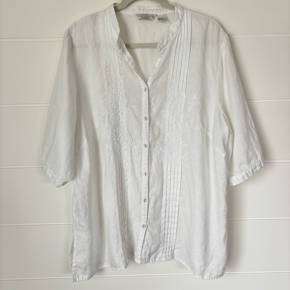 Tweeds White Pintuck Linen Button up Blouse Women's Size 2X